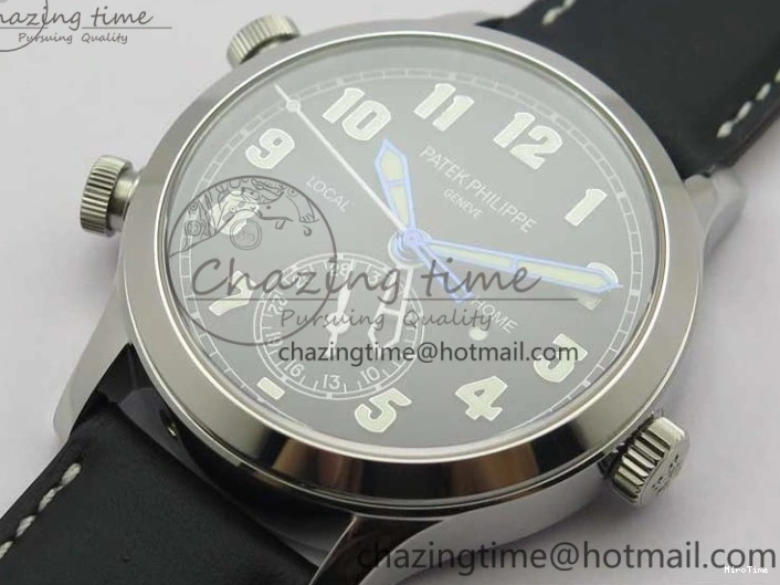 MIROTIME 0402 Stylish Calatrava 5524 Pilot Travel Time SS GRF Black Dial on Black Leather Strap A324 V 7108